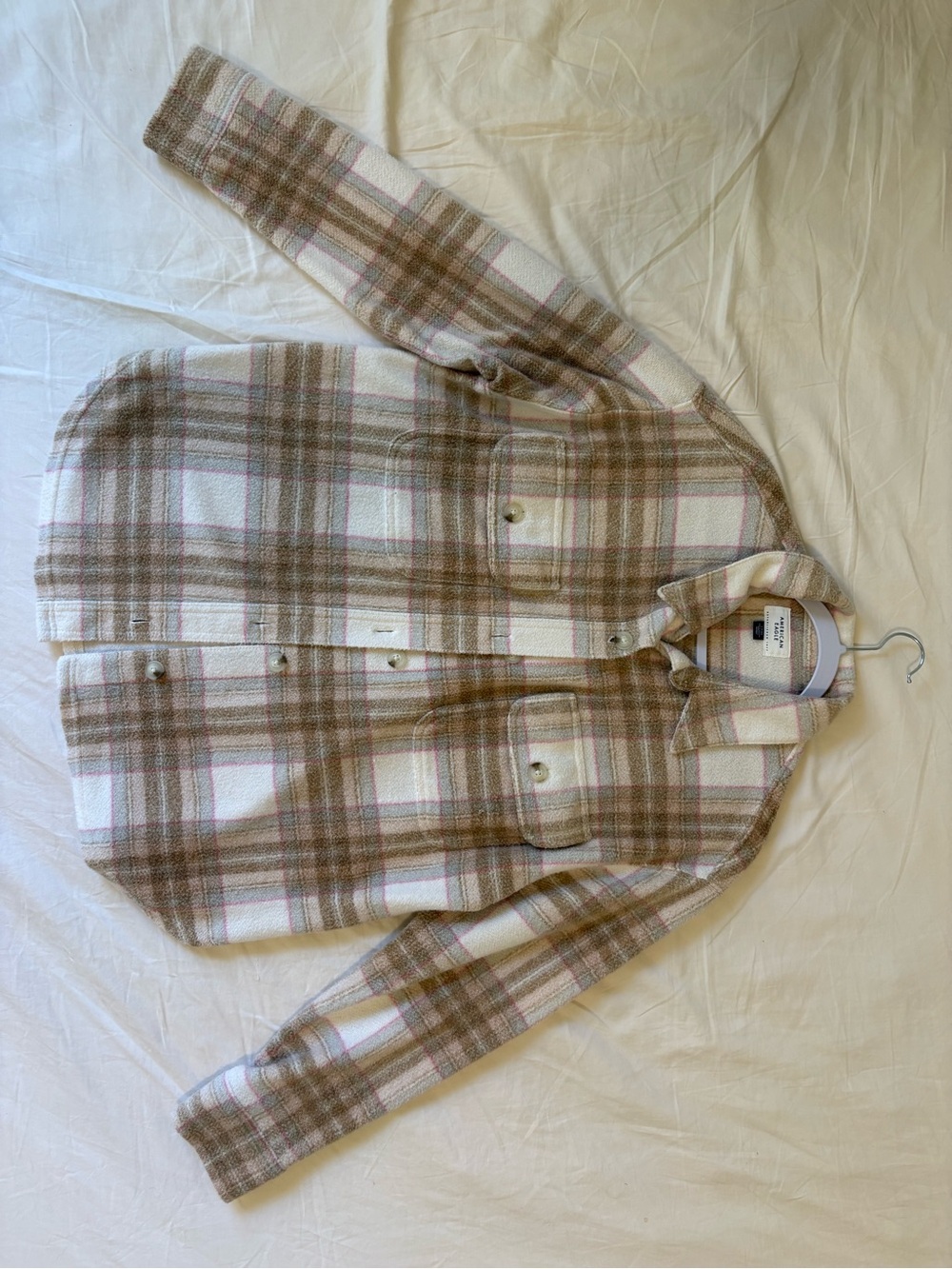 American Eagle Outfitters Cream Plaid Shacket with Brown and Pink Accents